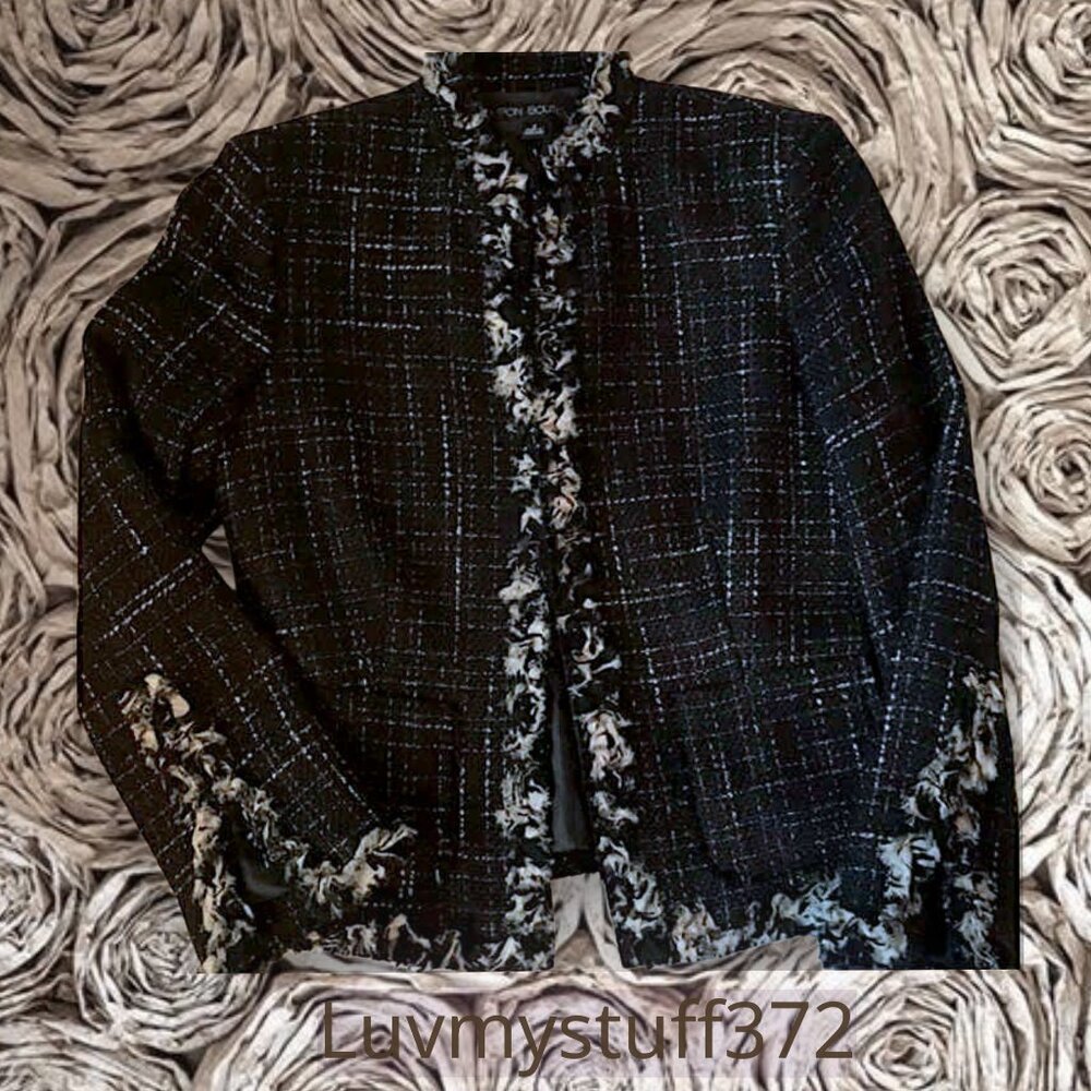 Pretty Vintage Nipon Boutique Jacket in Black/White Plaid with Silk Fringe Trim